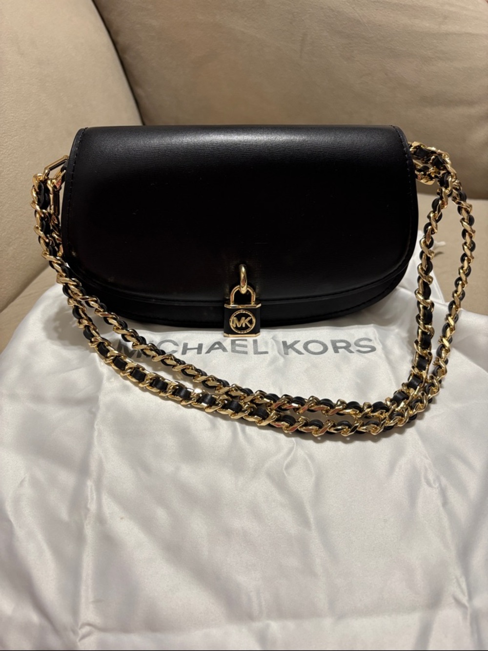 Michael Kors Black Leather Crossbody with Gold Chain and MK Lock